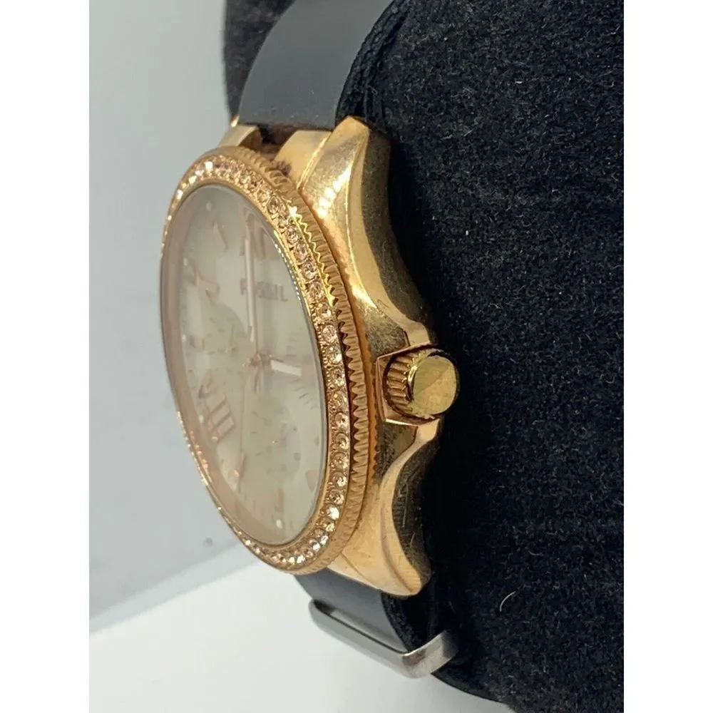 Fossil AM4616 Women's Black Leather Analog Beige Dial Quartz Wrist Watch RU263